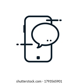 Mobiltelefon mit Sprech-Blase-Umrisssymbole. Online-Gemeinschaftskonzept für Vektorgrafik. Bearbeitbarer Strich. Einzeln Symbol geeignet für Web, Infografiken, Interface und Apps.