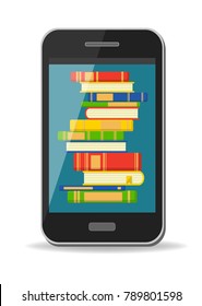 Mobile phone with stack of colorful books on white background. E-education, e-reading vector illustration.