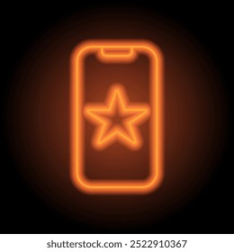 Telefone celular com estrela, taxa de aplicação simples ícone vetor. Design plano. Néon laranja no fundo preto.ai