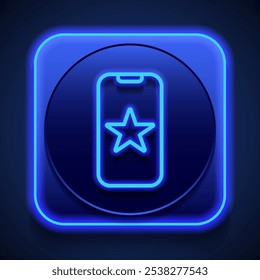 Mobile phone with star, app rate simple icon vector. Flat design. Blue neon style on button. With shadow.ai