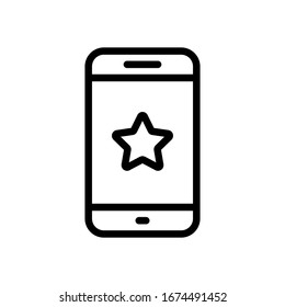 Mobile phone and star, app rating, outline design. Black icon on white background