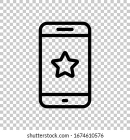 Mobile phone and star, app rating, outline design. Black symbol on transparent background