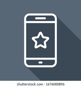 Mobile phone and star, app rating, outline design. White flat icon with long shadow on blue background