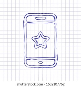 Mobile phone and star, app rating, outline design. Hand drawn picture on paper sheet. Blue ink, outline sketch style. Doodle on checkered background