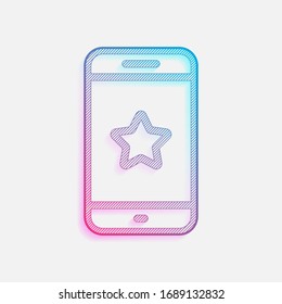 Mobile phone and star, app rating, outline design. Technology logo with diagonal lines and colored gradient. Neon graphic, light effect. Blue and red colors