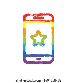 Mobile phone and star, app rating, outline design. Drawing sign with LGBT style, seven colors of rainbow (red, orange, yellow, green, blue, indigo, violet