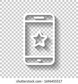 Mobile phone and star, app rating, outline design. White icon with shadow on transparent background