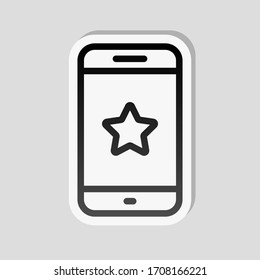 Mobile phone and star, app rating, outline design. Sticker style with white border and simple shadow on gray background