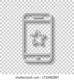 Mobile phone and star, app rating, outline design. White outline sign with shadow on transparent background