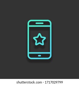 Mobile phone and star, app rating, outline design. Colorful logo concept with soft shadow on dark background. Icon color of azure ocean