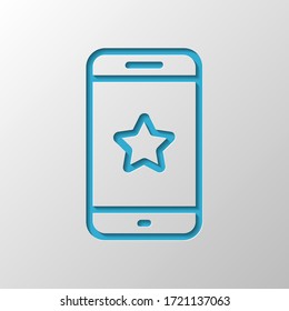 Mobile phone and star, app rating, outline design. Paper design. Cutted symbol with shadow