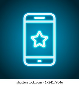 Mobile phone and star, app rating, outline design. Neon style. Light decoration icon. Bright electric symbol