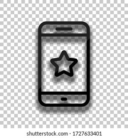 Mobile phone and star, app rating, outline design. Black glass icon with soft shadow on transparent background