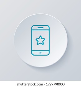 Mobile phone and star, app rating, outline design. Cut circle with gray and blue layers. Paper style