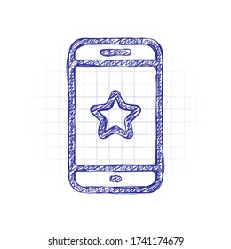 Mobile phone and star, app rating, outline design. Hand drawn sketched picture with scribble fill. Blue ink. Doodle on white background