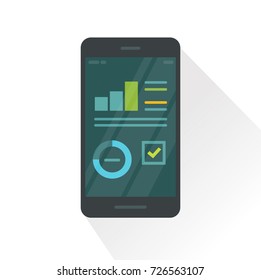 Mobile phone with statistics report graphs vector illustration, flat cartoon smartphone with analytics information data, cellphone with campaign report charts on screen isolated on white background