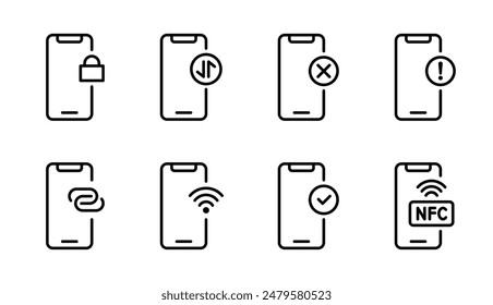 Conjunto de iconos de Estado de teléfono móvil. Símbolo bloqueado. Conexión Wi-Fi. Pago sin contacto NFC. Modo de hotspot de smartphone. Pictograma para compartir Internet. Ilustración vectorial de notificación telefónica. Icono de datos móviles