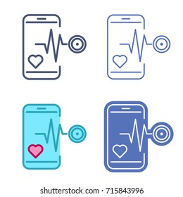 Mobile phone with stethoscope and heartbeat symbol. Vector outline icon set. Telemedicine concept line symbols and pictograms. Thin contour infographic elements for web design, presentations, network
