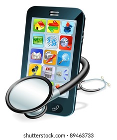 A mobile phone with stethoscope wrapped round it. Problem diagnosis concept
