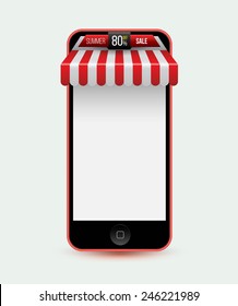 Mobile phone. Mobile store concept with awning. Vector illustration. Can use for promotion banner.