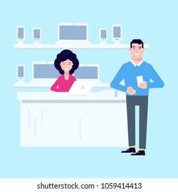 The Mobile Phone Store With Customer And Sales Manager Discussing The Latest Smart Phone Model. Both Standing Near The Modern Cash Desk. Vector Flat Illustration, Perfect For Gadget Stores Retail