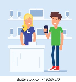 Der Handyshop mit Kunden und Vertriebsleiter diskutiert über das neueste Telefonmodell. Beide befinden sich in der Nähe des modernen Kassenbereichs. Vektorillustration flache Illustration, perfekt für Gadget Store-Einzelhandelskonzept.