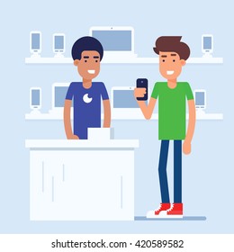 The Mobile Phone Store With Customer And Sales Manager Discussing The Latest Phone Model. Both Standing Near The Modern Cash Desk. Vector Flat Illustration, Perfect For Gadget Store Retail Concept.