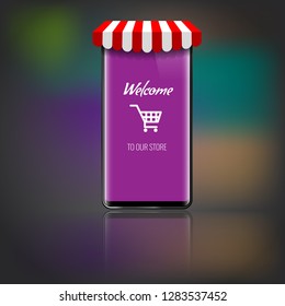 Mobile phone with store or market striped awning and shopping icon or cart. Vector illustration.