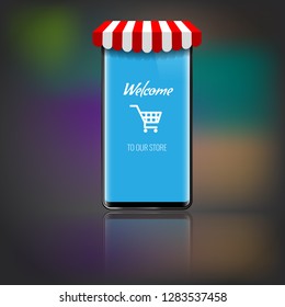 Mobile phone with store or market striped awning and shopping icon or cart. Vector illustration.