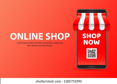 Mobile phone with store or market striped awning banner online shopping concept