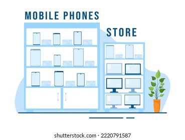 Plantilla de la Tienda de Teléfonos Móviles Ilustración plana con dibujos de caricaturas dibujadas a mano con modelos de teléfonos, tablets, comercio de gadgets, otros equipos y accesorios