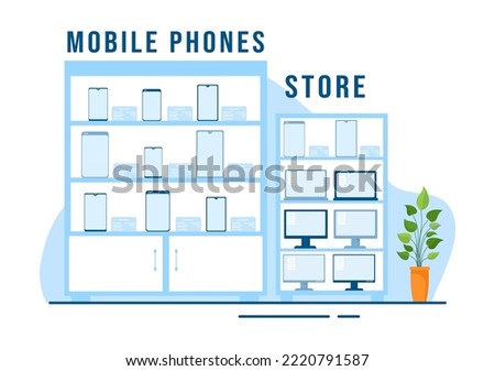 Mobile Phone Store Template Hand Drawn Cartoon Flat Illustration with Phones Models, Tablets, Gadget Retail, Other Devices and Accessories