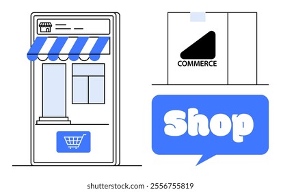 Mobile phone with storefront awning, shopping cart icon, shopping bag with commerce text and speech bubble reading shop Ideal for e-commerce, online shopping, digital marketing, mobile apps, retail