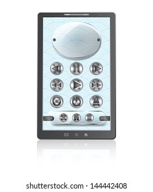 Mobile phone with stylish multimedia buttons on a white background