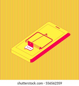 The mobile phone stylized as a mousetrap with a message icon as a bait. Smartphone addiction concept illustration. 