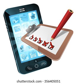 Mobile phone survey concept of a clipboard with ticks and crosses flying out of a mobile phone
