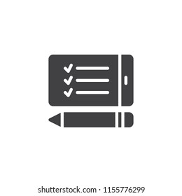 Mobile phone survey vector icon. filled flat sign for mobile concept and web design. Phone with check mark and pen simple solid icon. Symbol, logo illustration. Pixel perfect vector graphics
