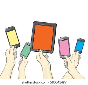 Mobile Phone and Tablet Computer with hands vector illustration