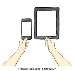 Mobile Phone and Tablet Computer with hands vector illustration