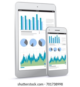 Pantallas de teléfono móvil y Tablet PC con gráficos y gráficos financieros