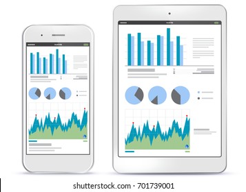 Mobile Phone and Tablet Computer Screens With Financial Charts and Graphs