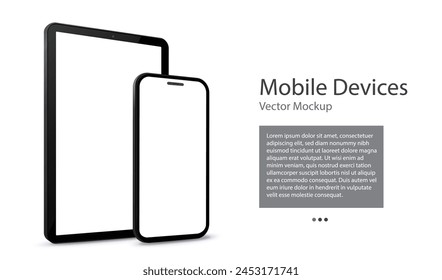 Handy- und Tablet-Computer-Vektorgrafik Mockup mit Perspektive-Ansicht. Digitale Geräte mit leerem Bildschirm, isoliert im Web Banner-Design.