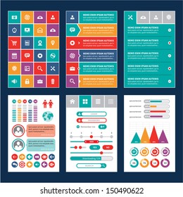 Mobile Phone Or Tablet Interface In Flat Style. Design Elements. Vector Infographic Template. Icons Set. 