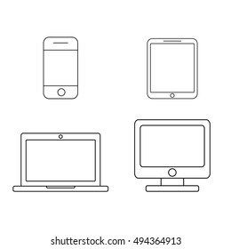 Mobile Phone, Tablet, Laptop And Desktop Computer Outline Icons Set. Line Art Design. Vector