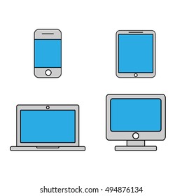 Mobile phone, tablet, laptop and desktop computer outline icons set. Line art design. Vector