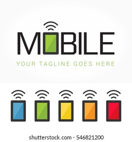 Mobile phone or tablet logo template, smartphone vector illustration, colorful wireless logotype concept, technology isolated flat icon, design element for web, digital projects, identity, signage 