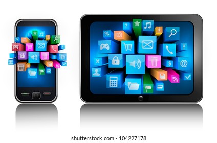 Mobile phone and tablet pc with colorful icons.. Vector.