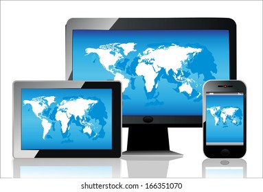 Mobile phone, tablet pc and computer. World map vector