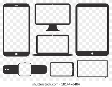 Teléfono móvil, Tablet PC, Monitor de ordenador, pantalla de ordenador portátil y juego de iconos de vectores de silueta Smart Watch. Iconos transparentes y planos para dispositivos digitales.