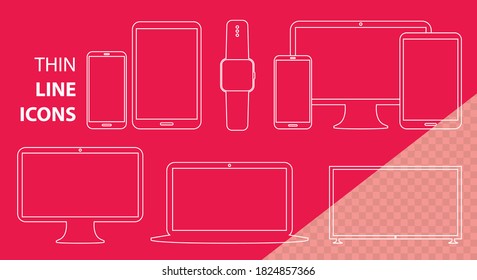 Mobile Phone, Tablet PC, Computer Monitor, Laptop Screen and Smart Watch Vector Line Icon Set. Transparent Line Art Illustrations for Digital Devices.